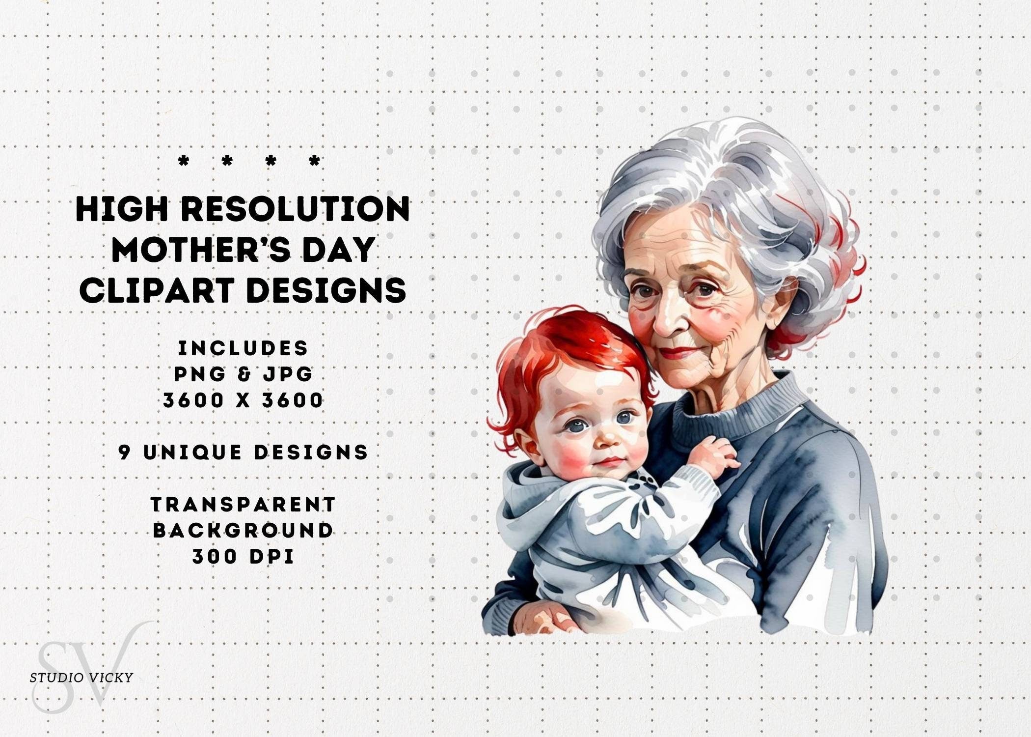 Watercolor Redhead Mother's Day Clipart Bundle (PNG & JPG)