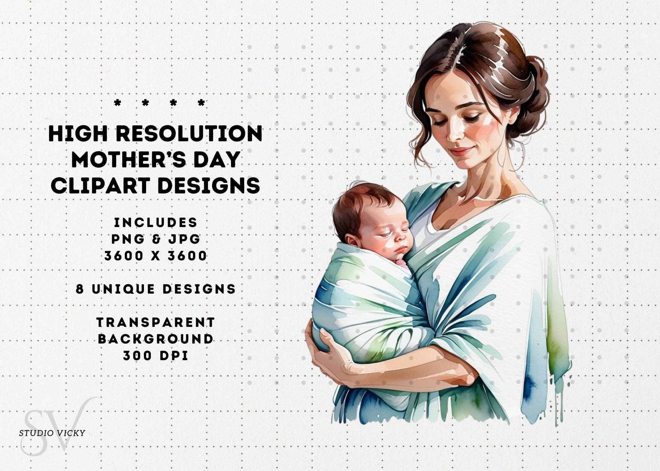 Watercolor Brunette Mother's Day Clipart: PNG JPG (Digital Download)