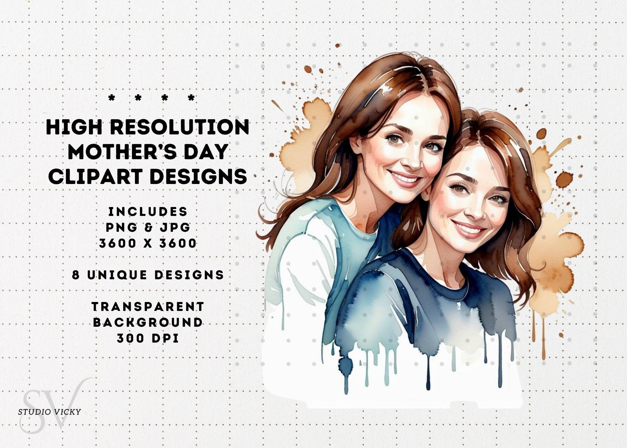 Watercolor Brunette Mother's Day Clipart: PNG JPG (Digital Download)
