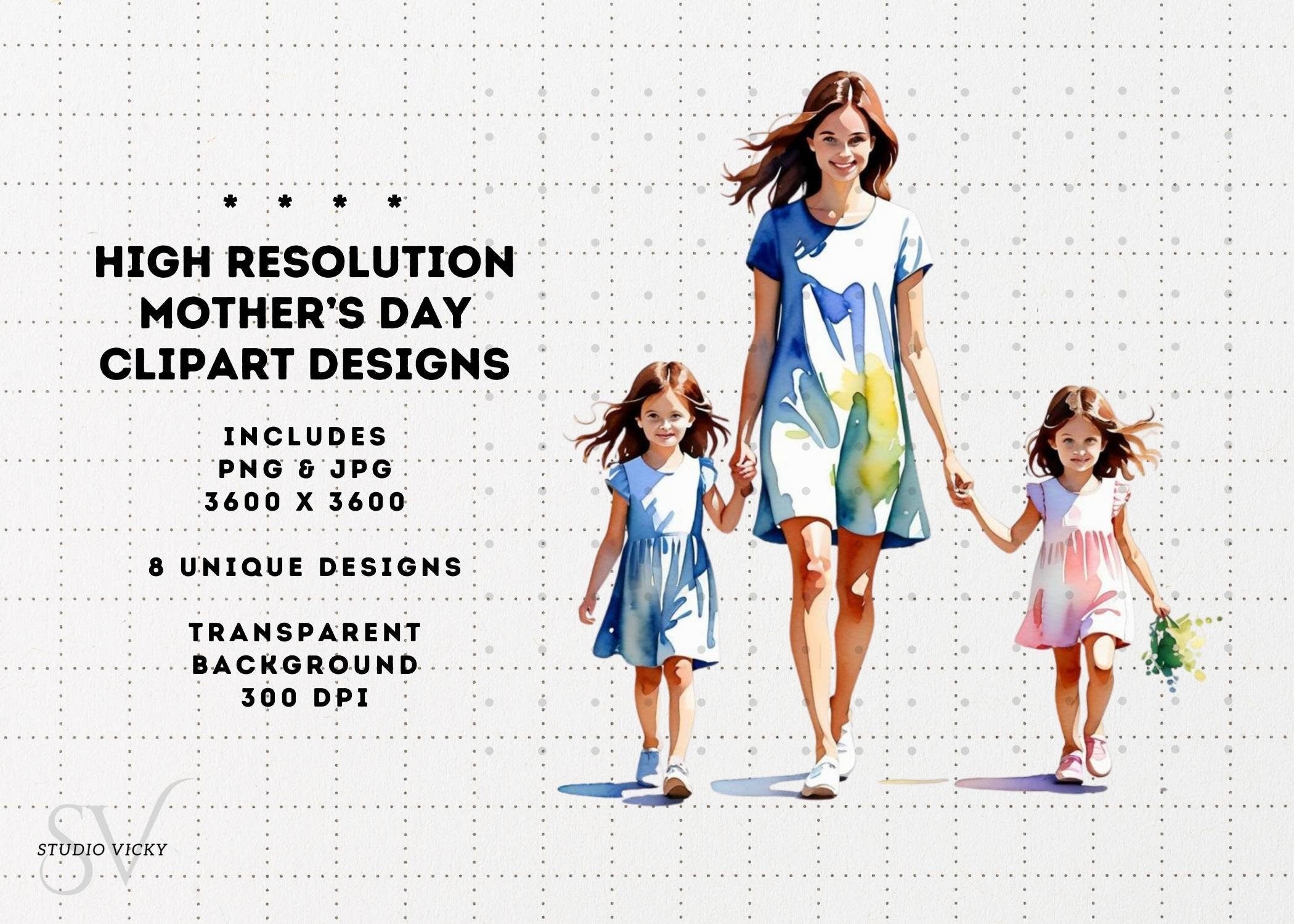 Watercolor Brunette Mother's Day Clipart: PNG JPG (Digital Download)