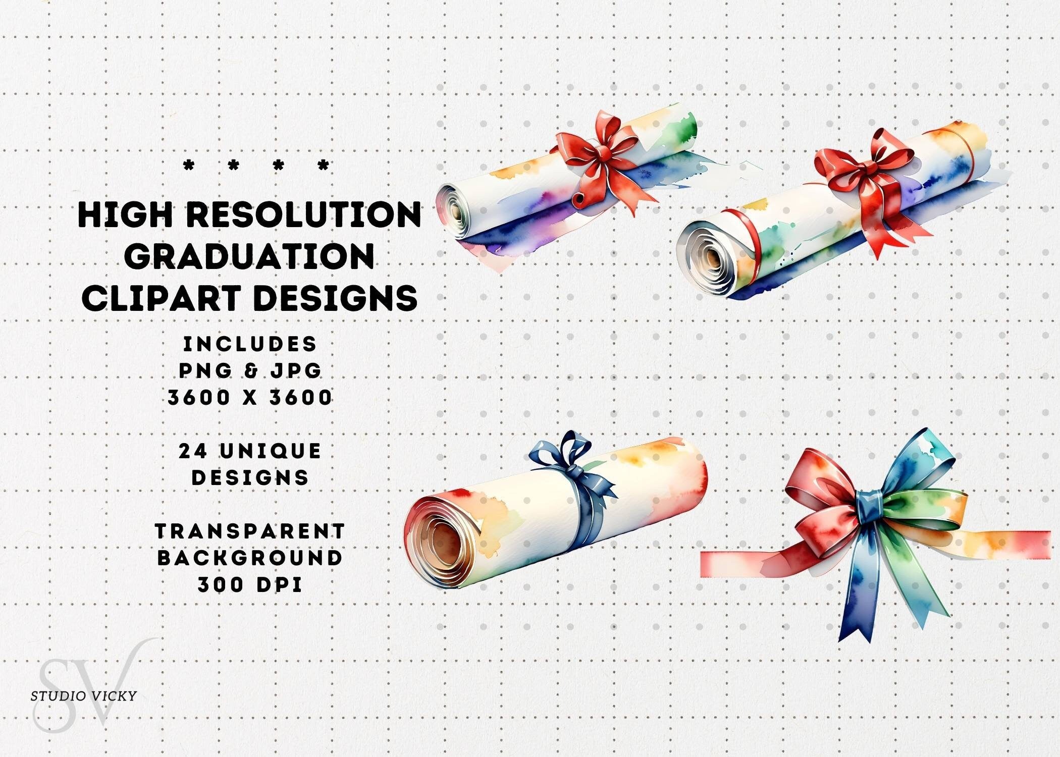 Watercolor Graduation Clipart: Cap, Diploma, Owl (PNG Digital Download)