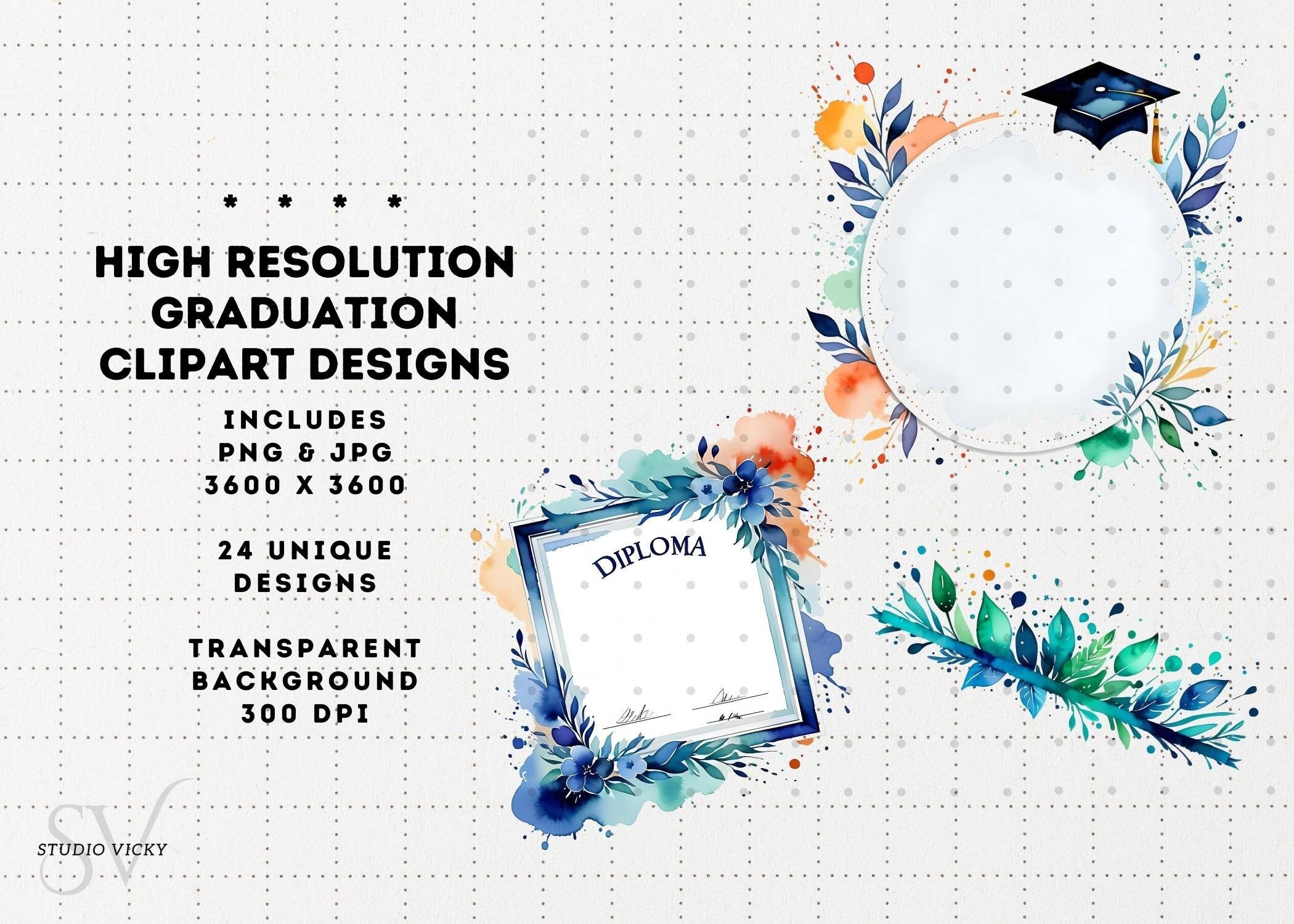 Watercolor Graduation Clipart: Cap, Diploma, Owl (PNG Digital Download)