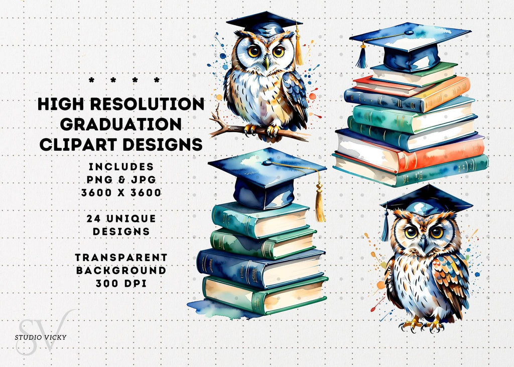 Watercolor Graduation Clipart: Cap, Diploma, Owl (PNG Digital Download)