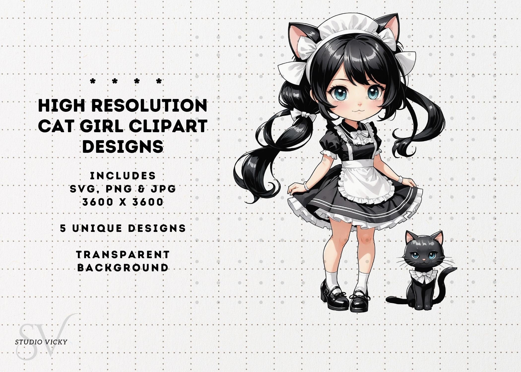 Chibi Anime Cat Girl Clipart Bundle, Maid Outfit Textures (SVG, PNG, JPG)