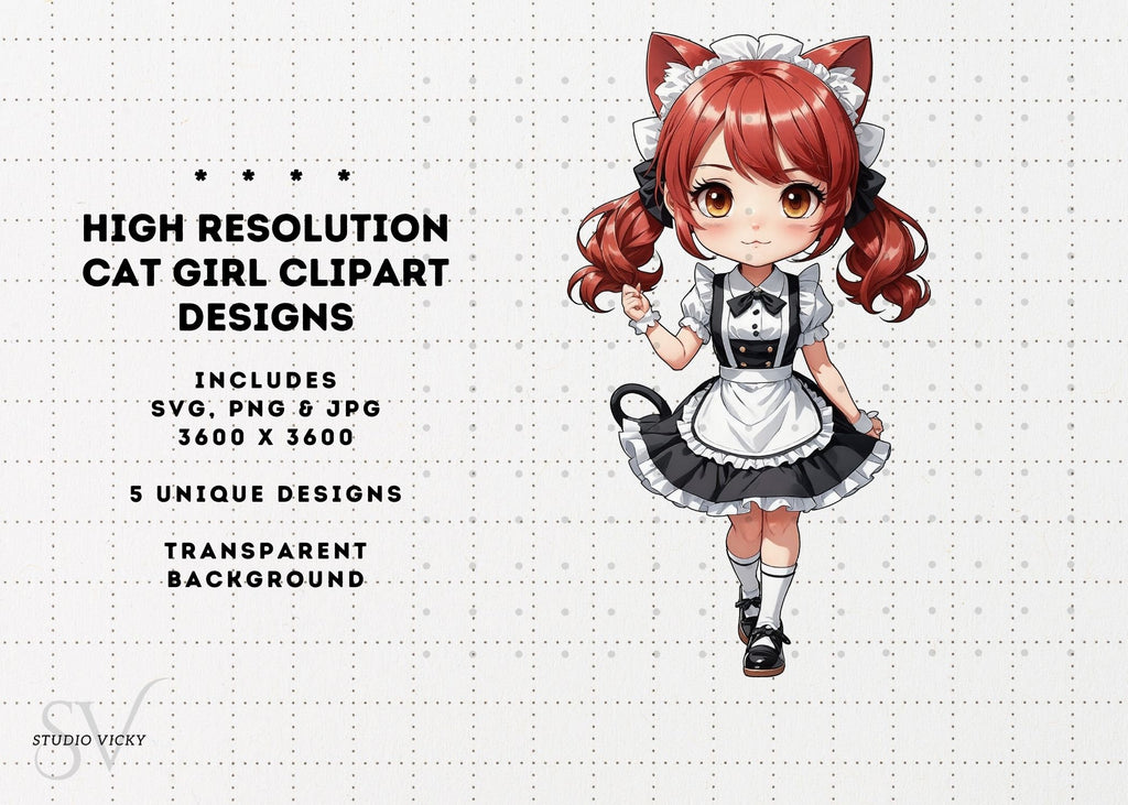 Chibi Anime Cat Girl Clipart Bundle, Maid Outfit Textures (SVG, PNG, JPG)