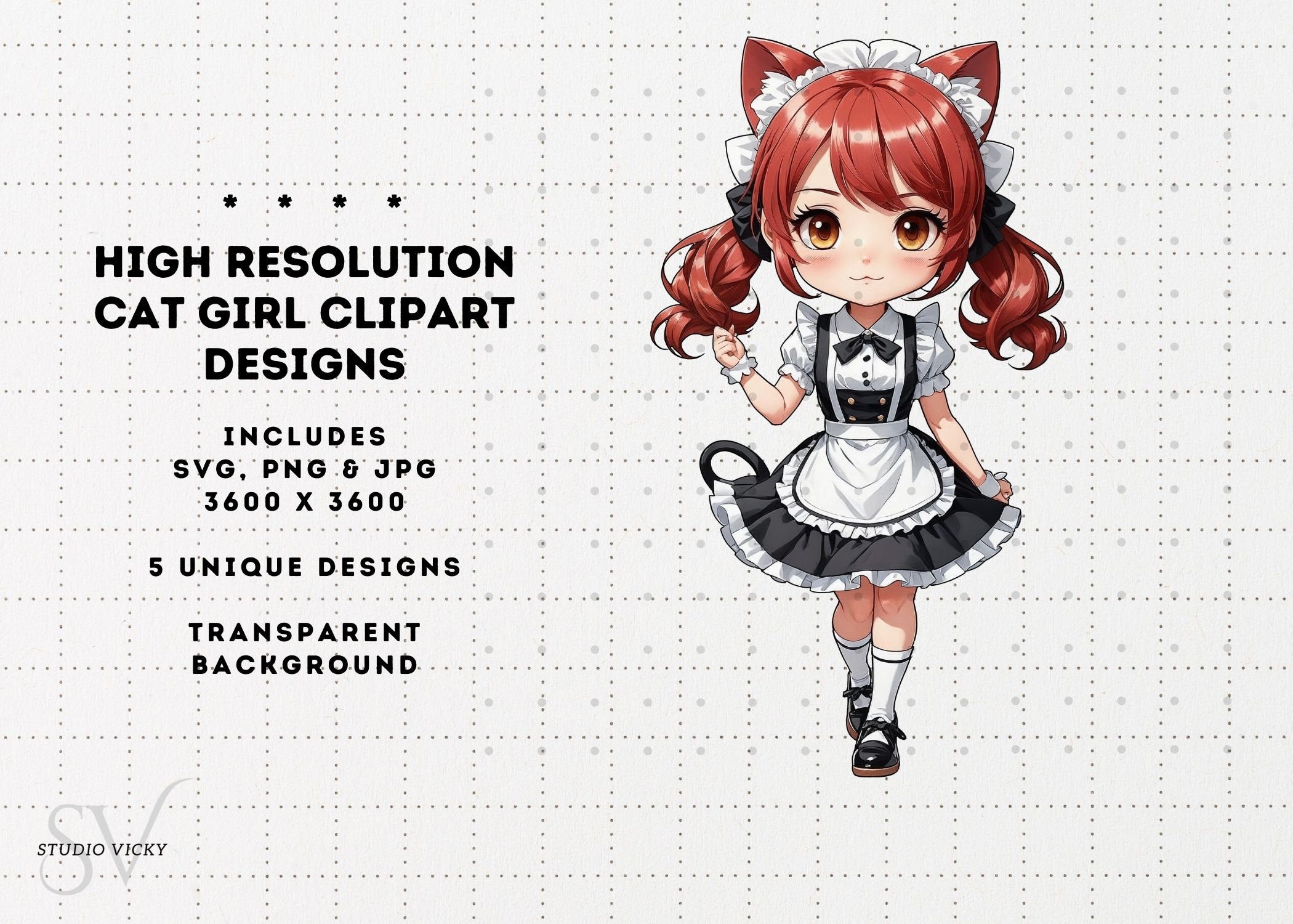 Chibi Anime Cat Girl Clipart Bundle, Maid Outfit Textures (SVG, PNG, JPG)