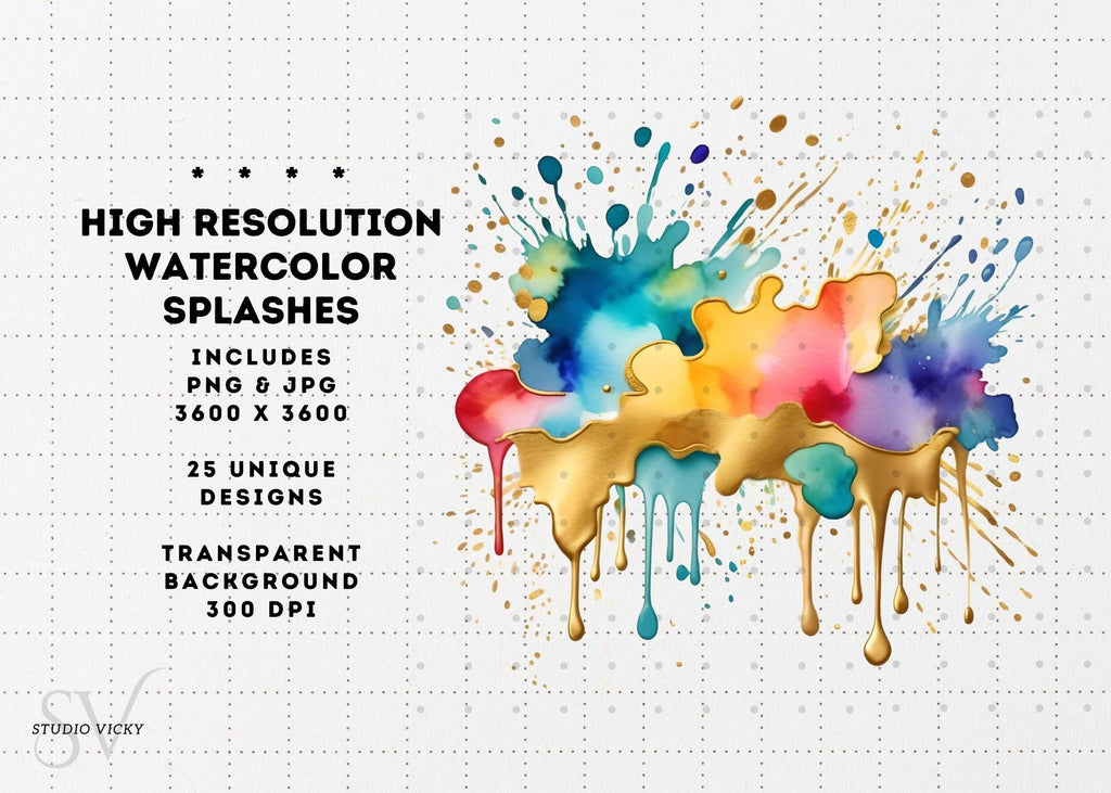 Watercolor Splash Clipart: Colorful Ink Splatter PNG, JPG (Instant Download)