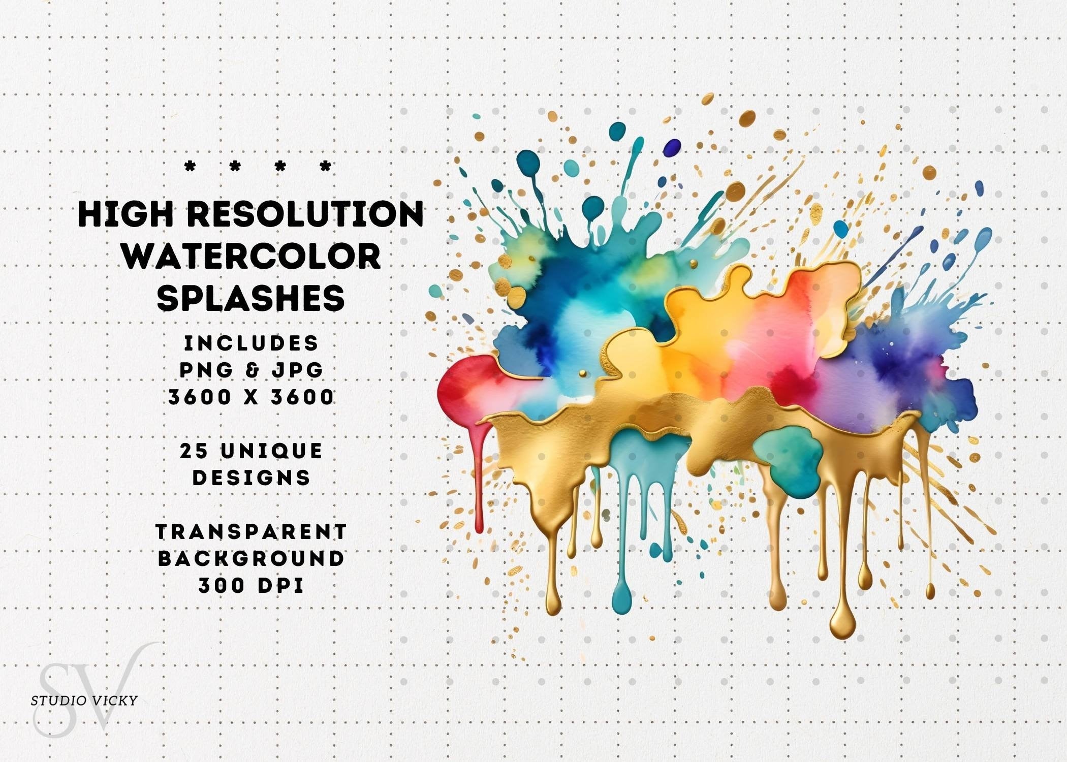 Watercolor Splash Clipart: Colorful Ink Splatter PNG, JPG (Instant Download)