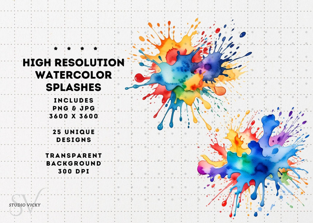 Watercolor Splash Clipart: Colorful Ink Splatter PNG, JPG (Instant Download)