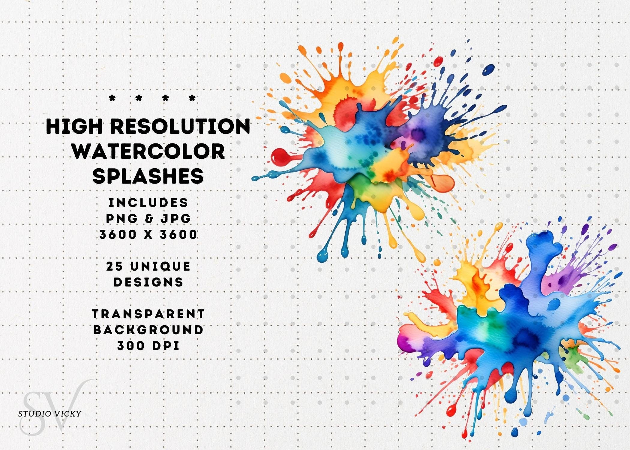 Watercolor Splash Clipart: Colorful Ink Splatter PNG, JPG (Instant Download)