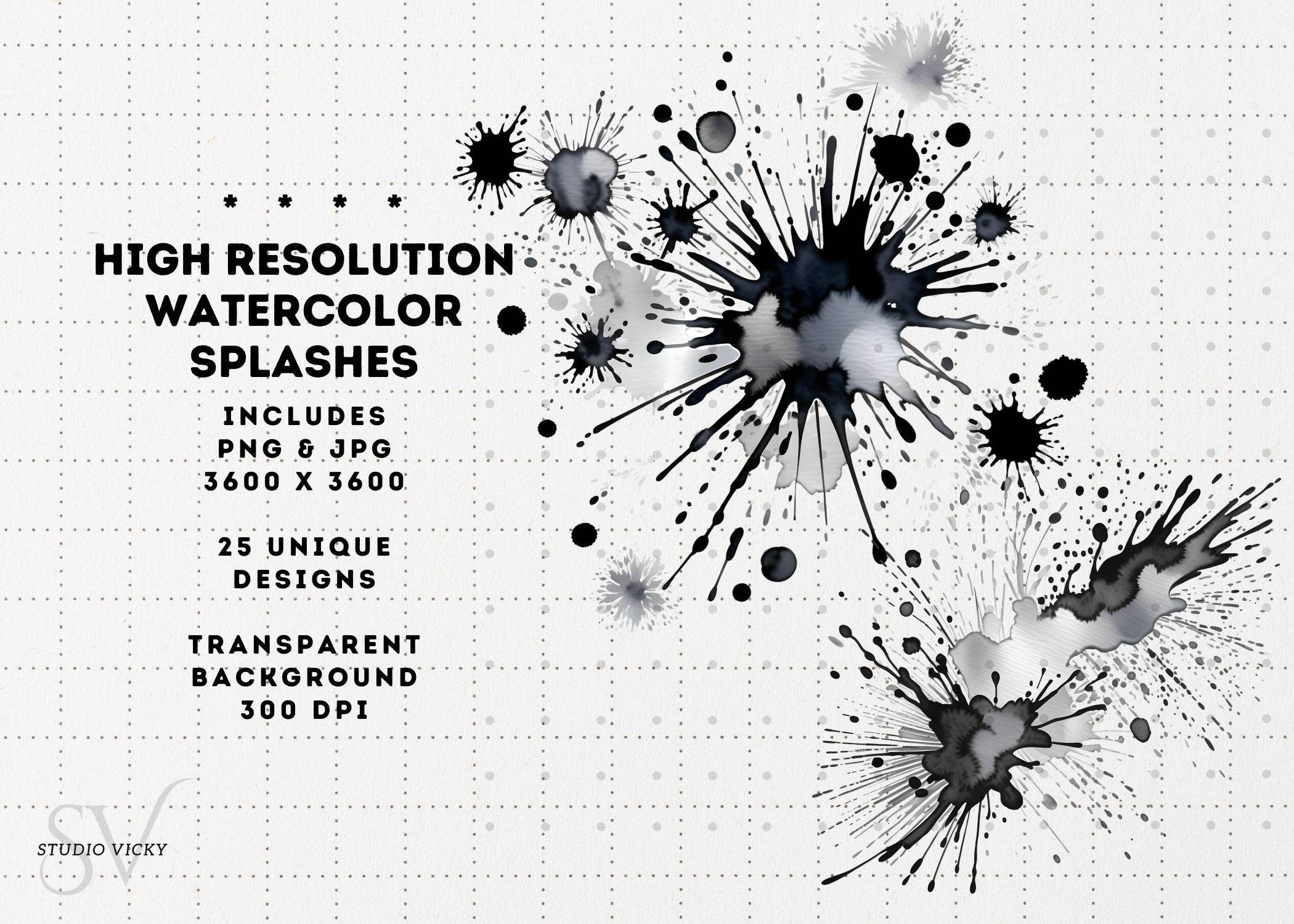 Watercolor Splash Clipart: Colorful Ink Splatter PNG, JPG (Instant Download)