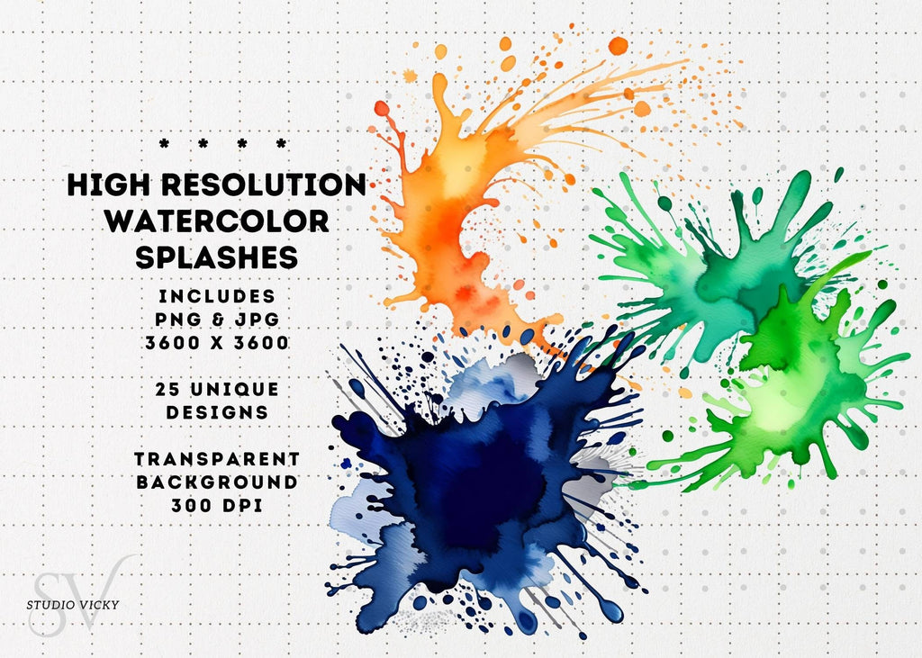 Watercolor Splash Clipart: Colorful Ink Splatter PNG, JPG (Instant Download)