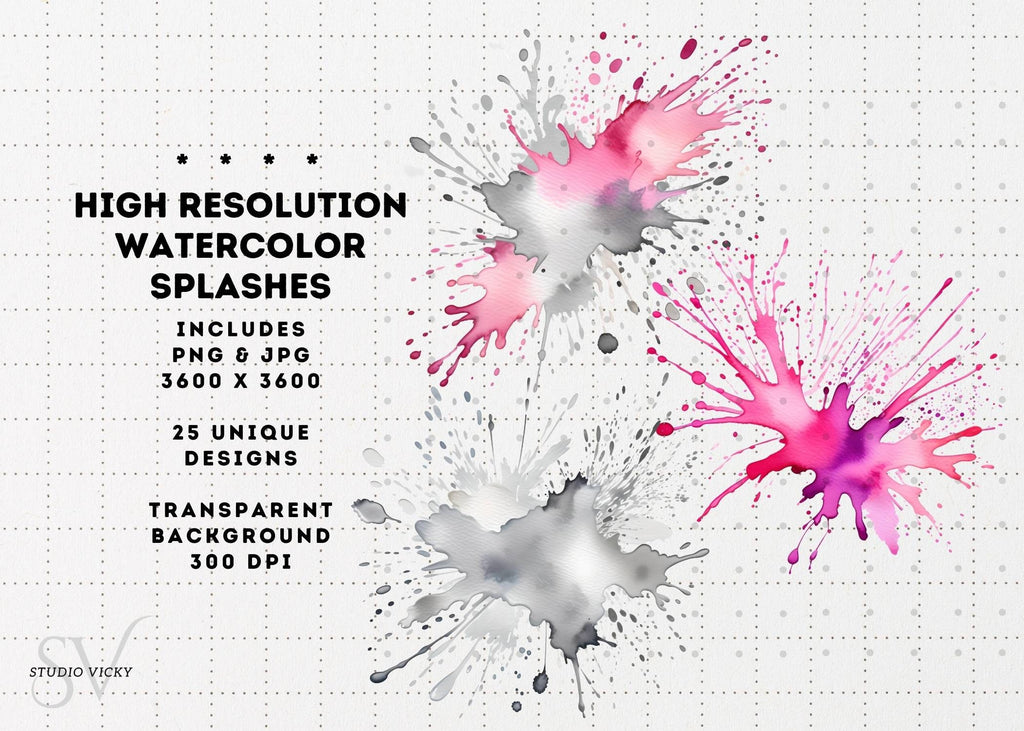 Watercolor Splash Clipart: Colorful Ink Splatter PNG, JPG (Instant Download)