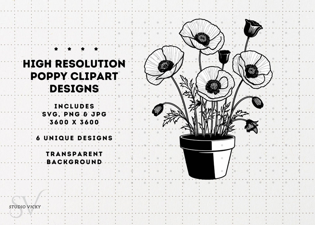 Poppy Flower Clipart: Black and White Floral Designs (SVG, PNG, JPG)