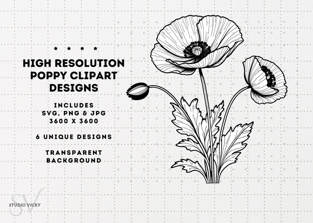 Poppy Flower Clipart: Black and White Floral Designs (SVG, PNG, JPG)