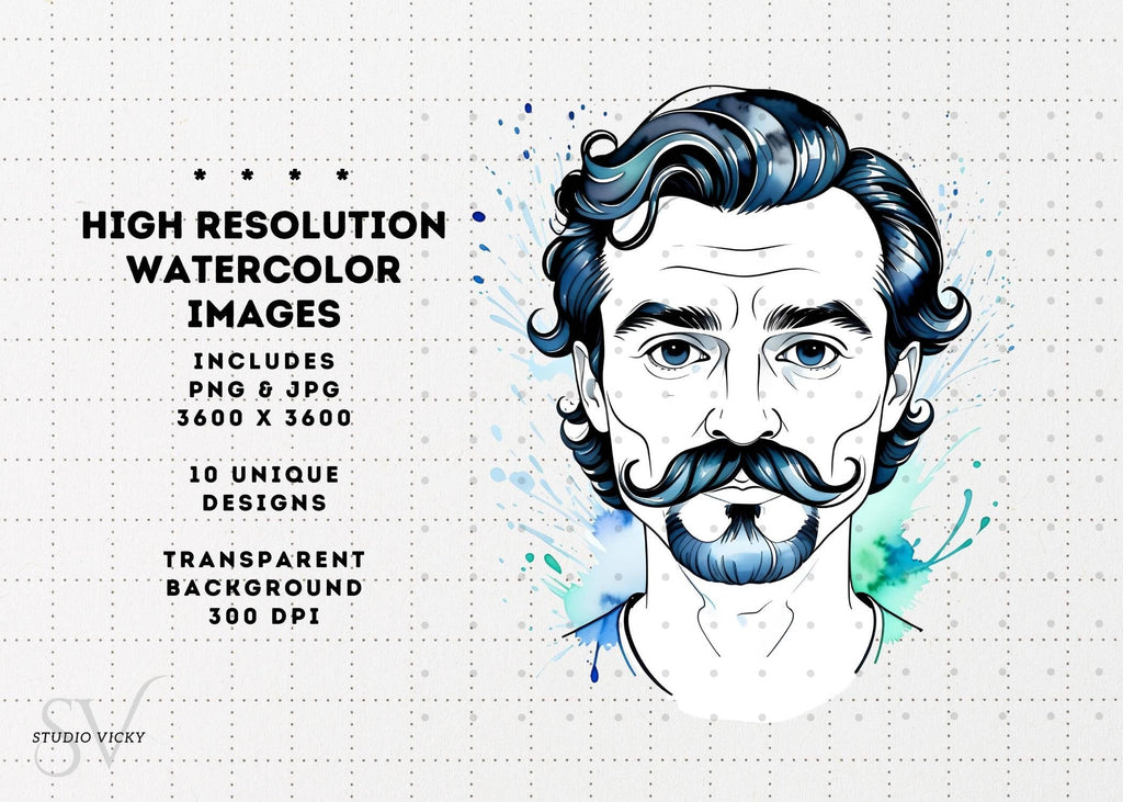Watercolor Moustache Clipart Set: Father's Day PNG Graphics (Digital Download)