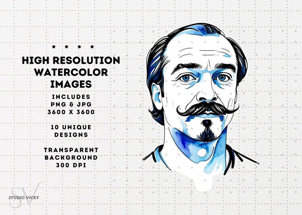 Watercolor Moustache Clipart Set: Father's Day PNG Graphics (Digital Download)