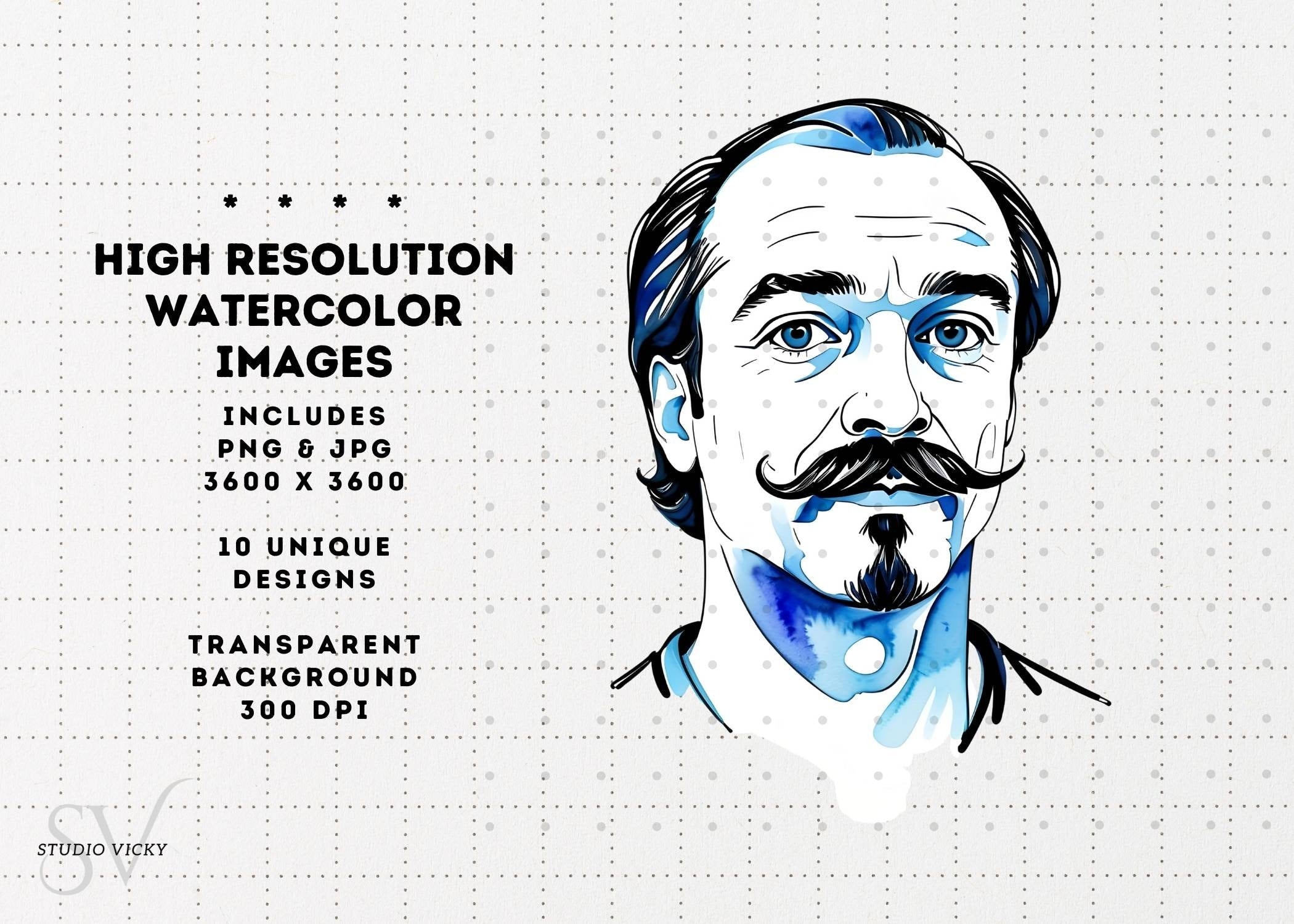 Watercolor Moustache Clipart Set: Father's Day PNG Graphics (Digital Download)
