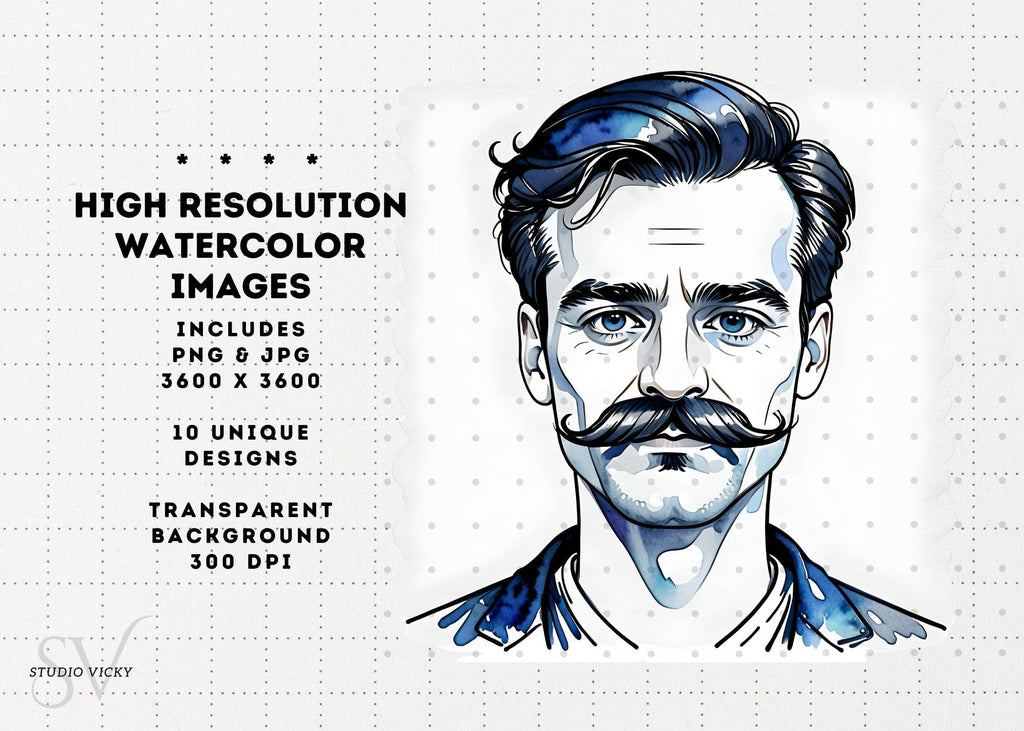 Watercolor Moustache Clipart Set: Father's Day PNG Graphics (Digital Download)