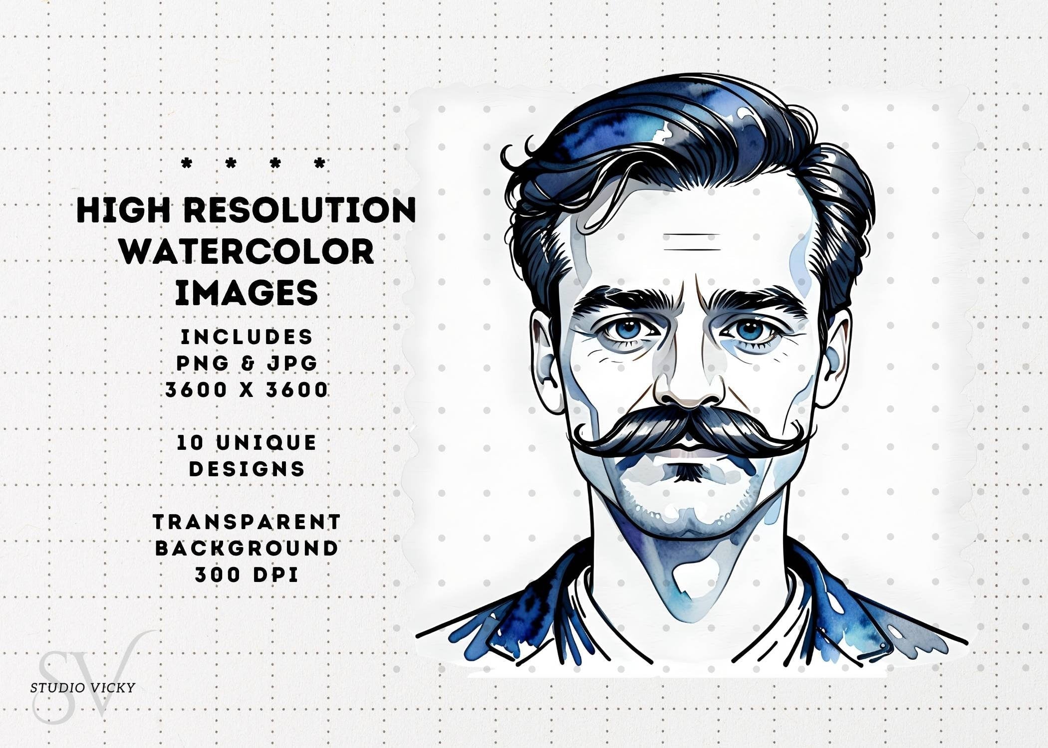 Watercolor Moustache Clipart Set: Father's Day PNG Graphics (Digital Download)
