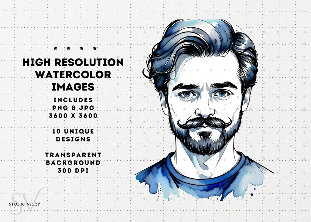 Watercolor Moustache Clipart Set: Father's Day PNG Graphics (Digital Download)