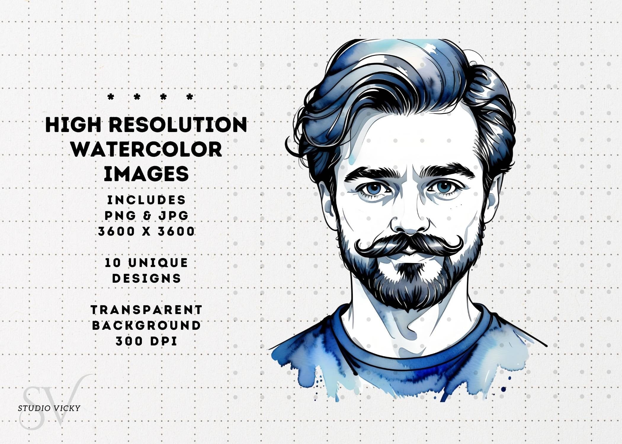 Watercolor Moustache Clipart Set: Father's Day PNG Graphics (Digital Download)
