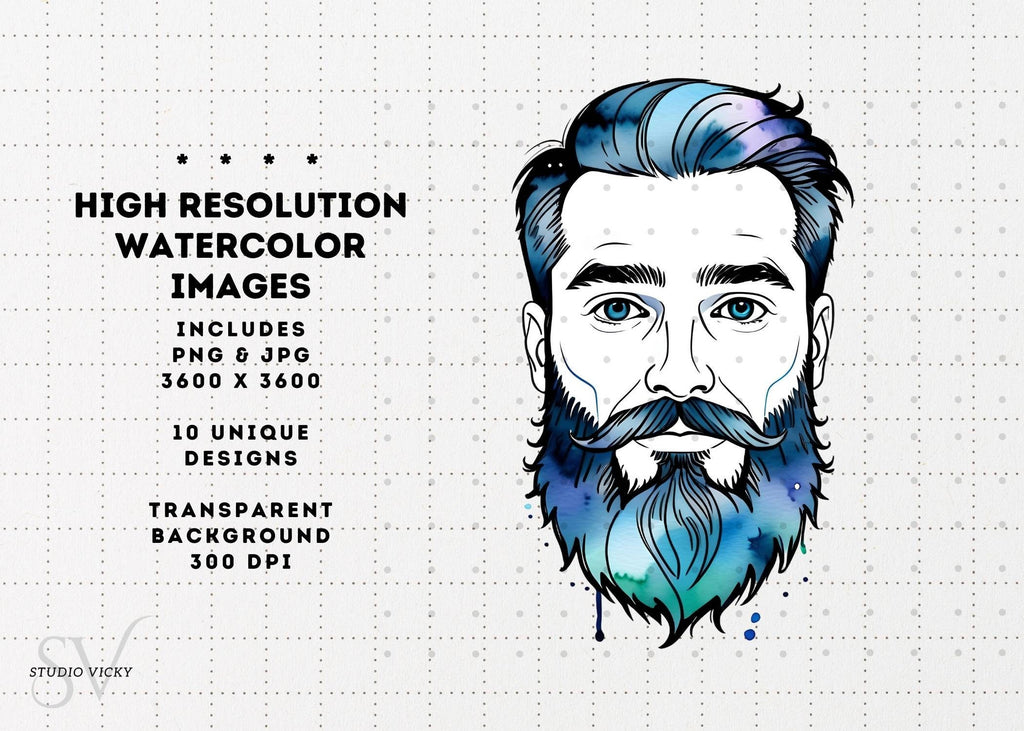 Watercolor Moustache Clipart Set: Father's Day PNG Graphics (Digital Download)