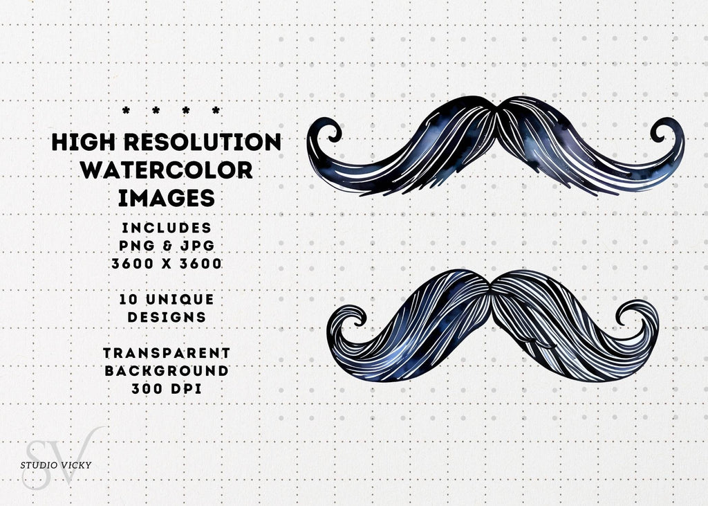 Watercolor Moustache Clipart Set: Father's Day PNG Graphics (Digital Download)