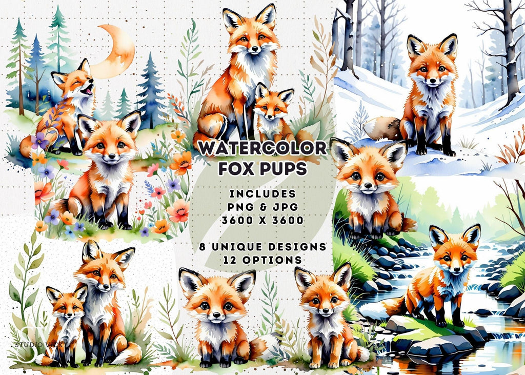 Watercolor Baby Fox Clipart, Woodland Animals (PNG & JPG)