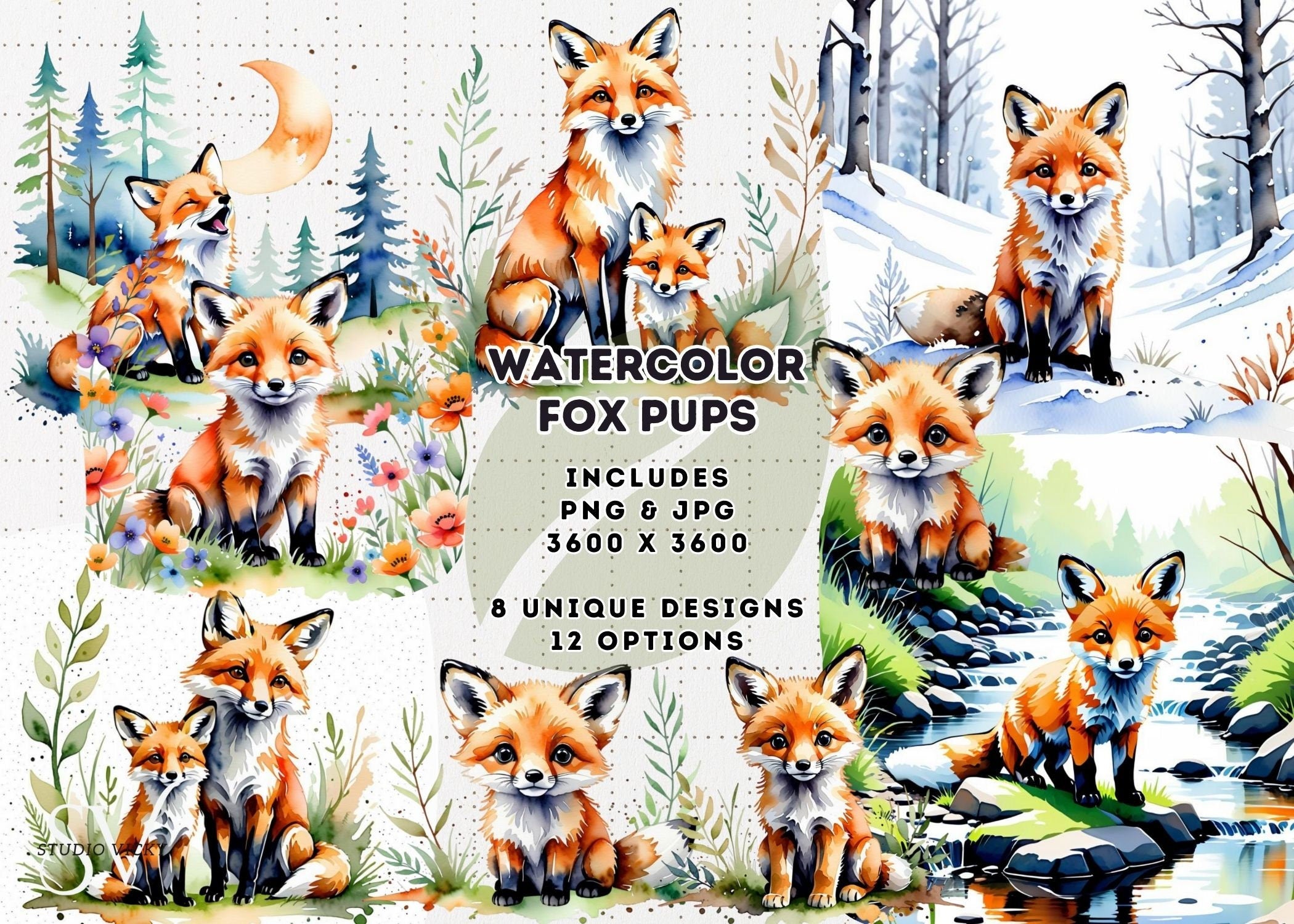 Watercolor Baby Fox Clipart, Woodland Animals (PNG & JPG)