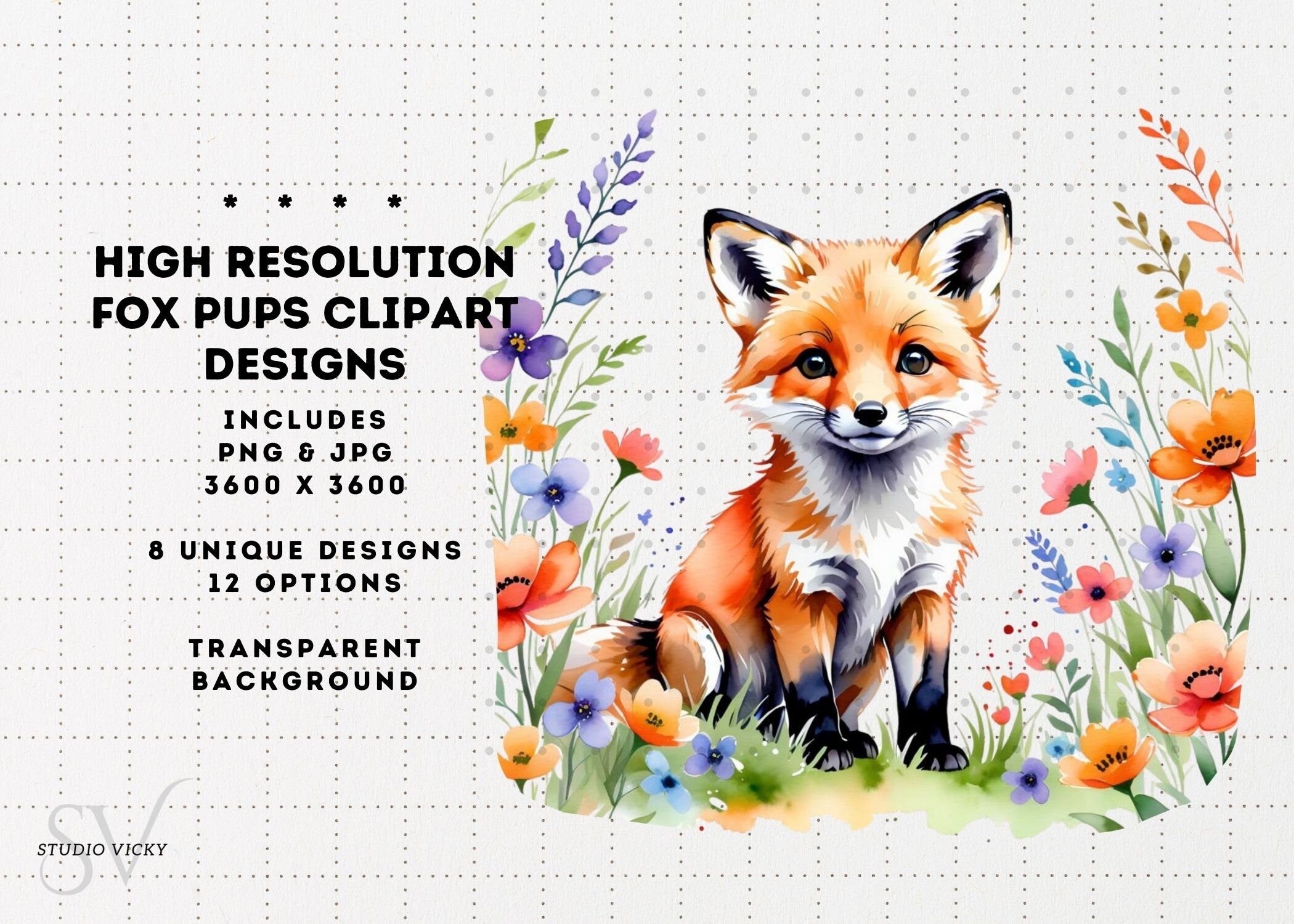 Watercolor Baby Fox Clipart, Woodland Animals (PNG & JPG)