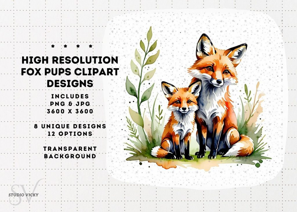 Watercolor Baby Fox Clipart, Woodland Animals (PNG & JPG)