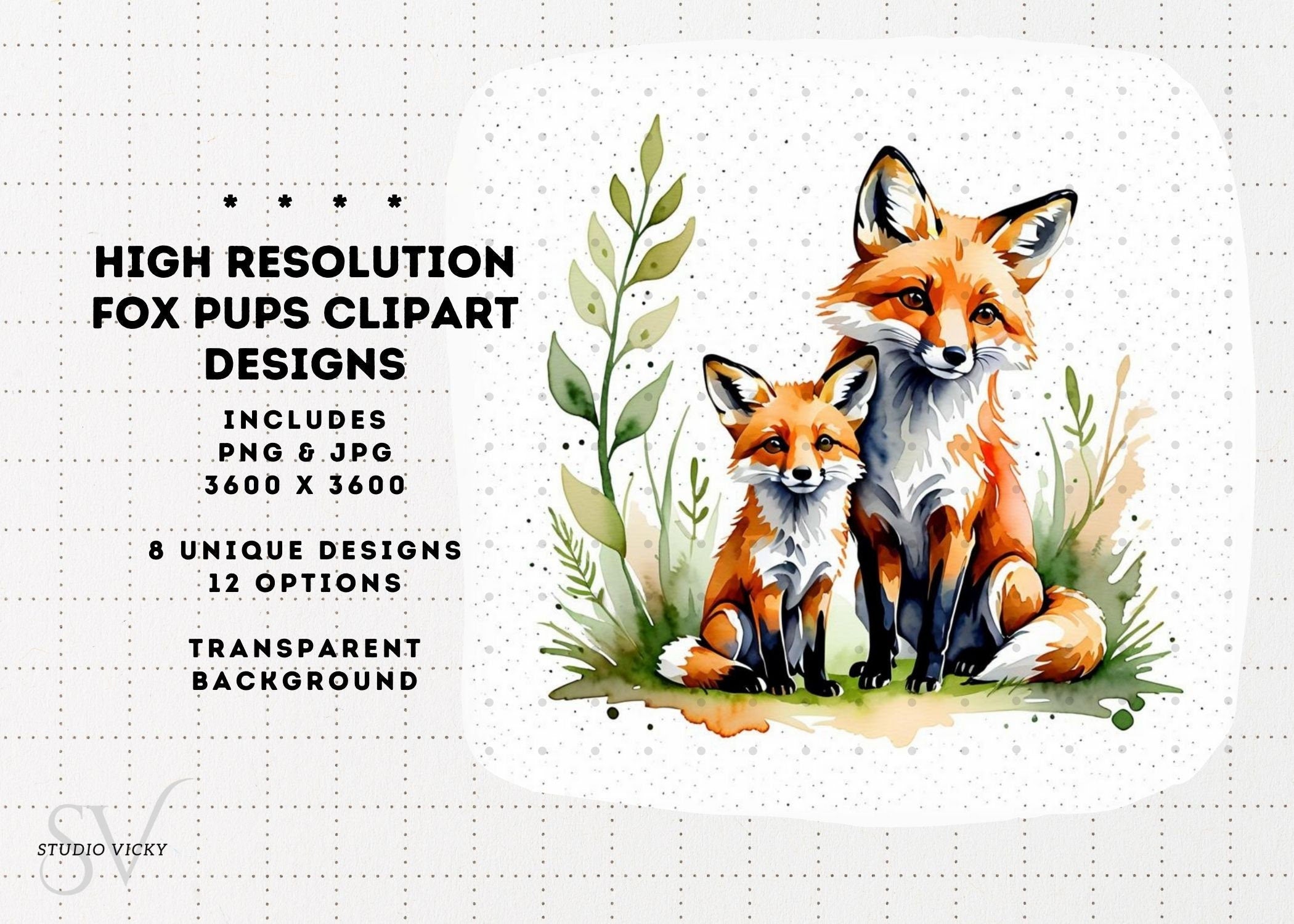 Watercolor Baby Fox Clipart, Woodland Animals (PNG & JPG)