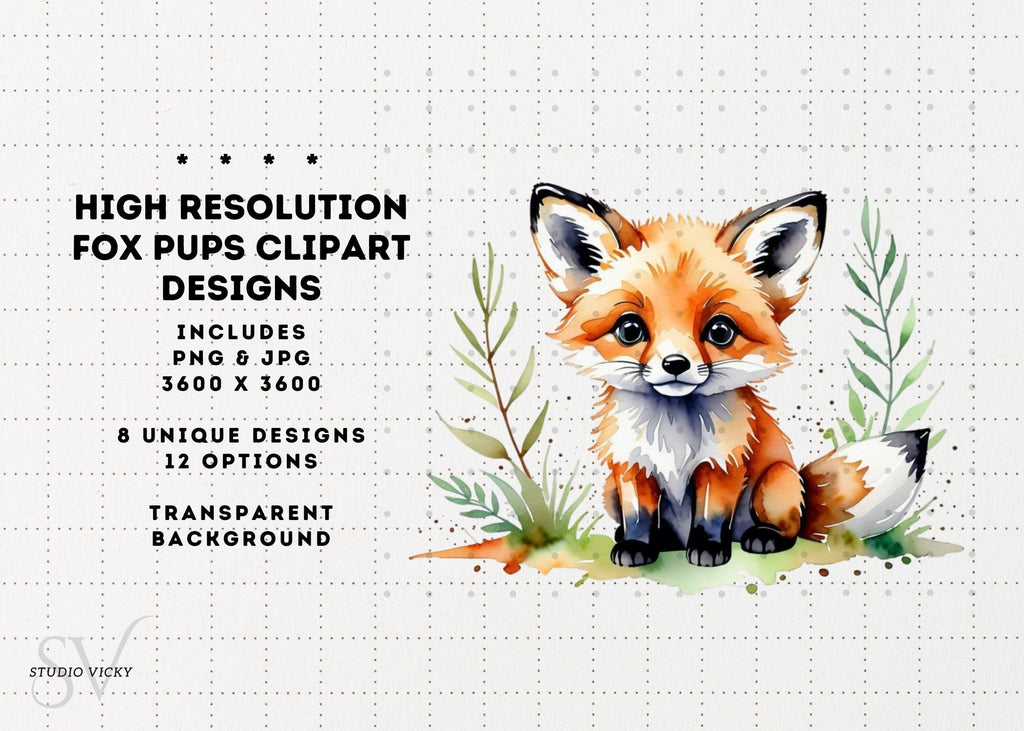 Watercolor Baby Fox Clipart, Woodland Animals (PNG & JPG)