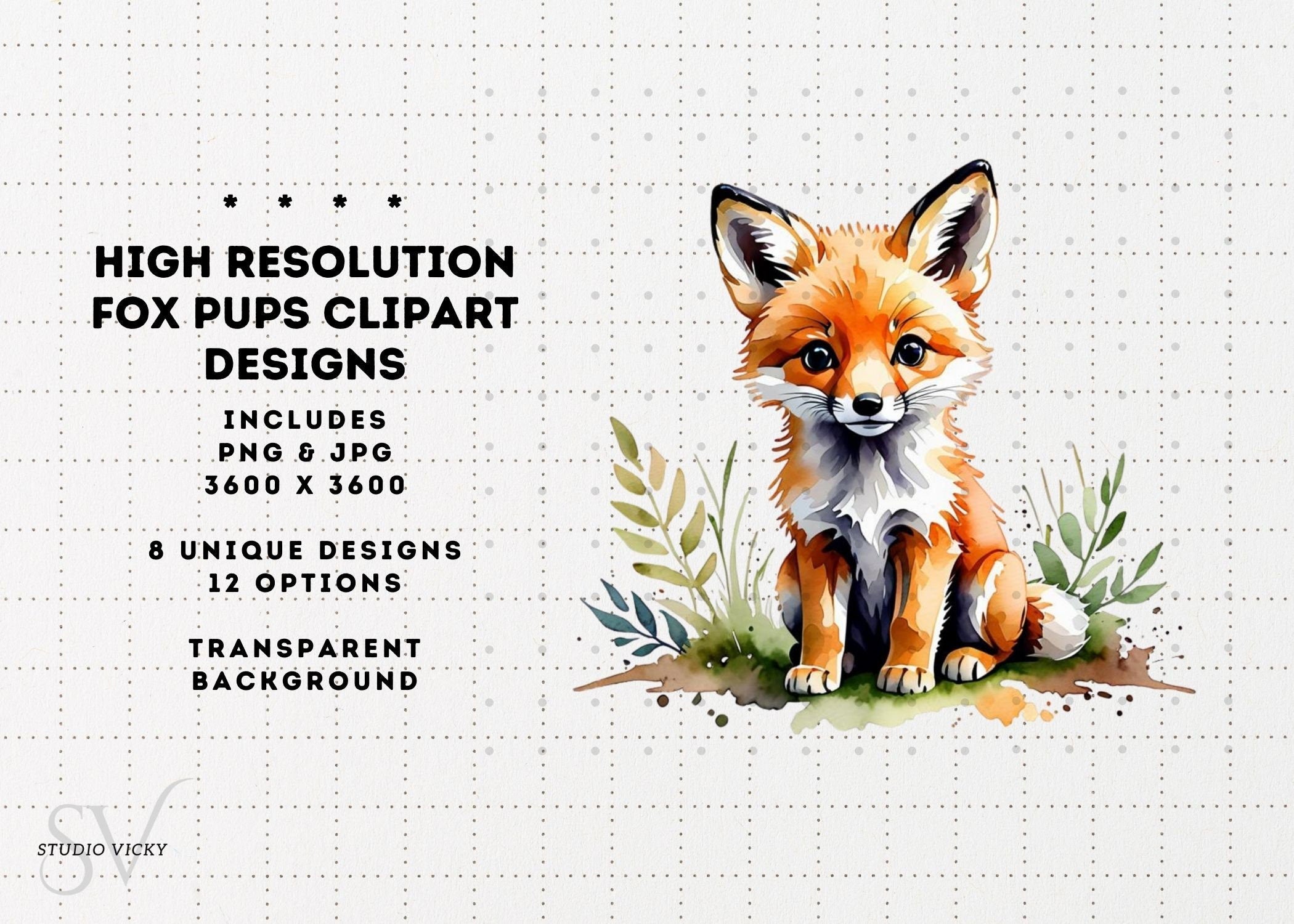 Watercolor Baby Fox Clipart, Woodland Animals (PNG & JPG)