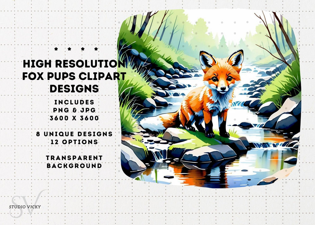 Watercolor Baby Fox Clipart, Woodland Animals (PNG & JPG)