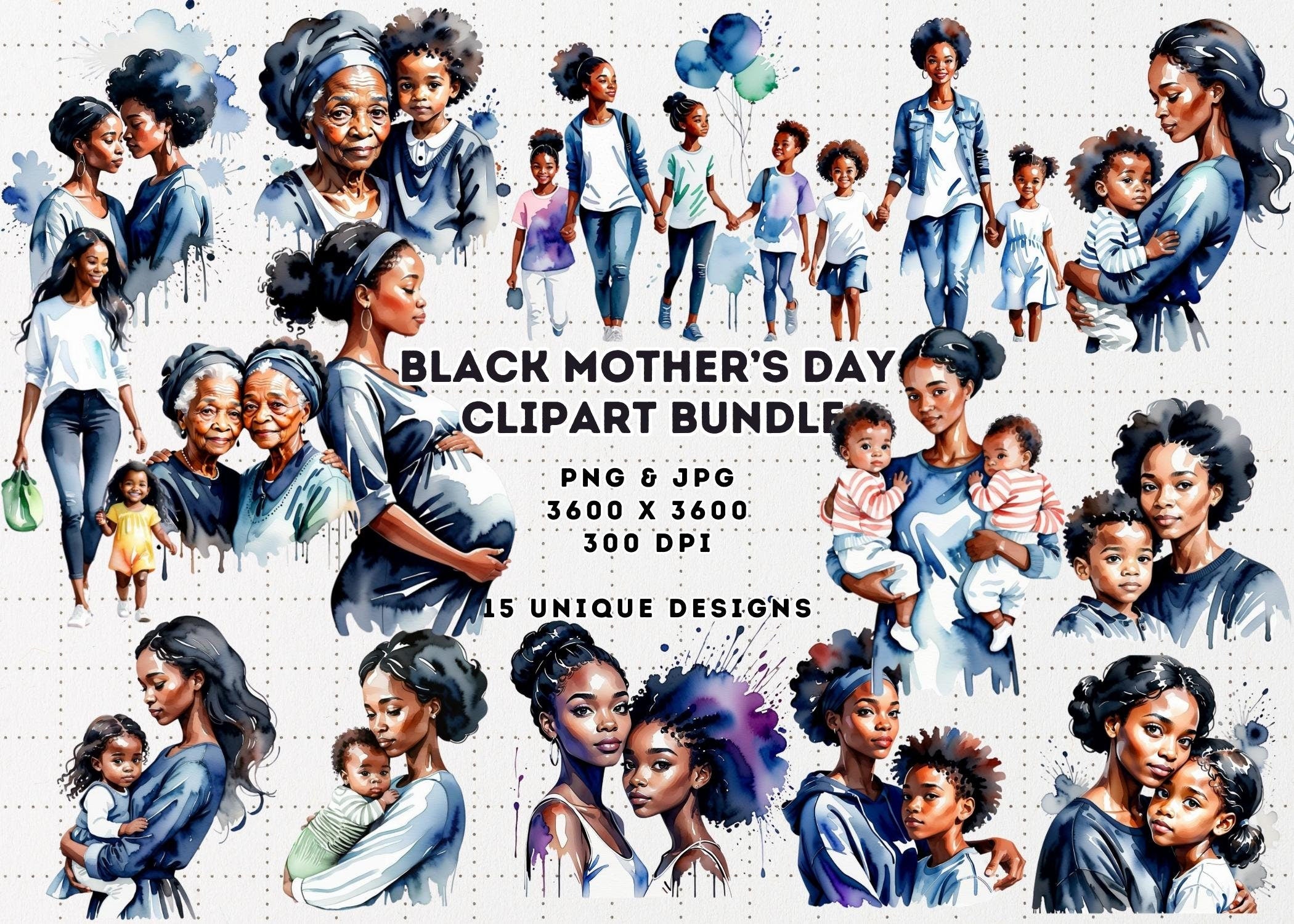 Black Mother's Day Watercolor Clipart: African American Mothers (Digital Download)