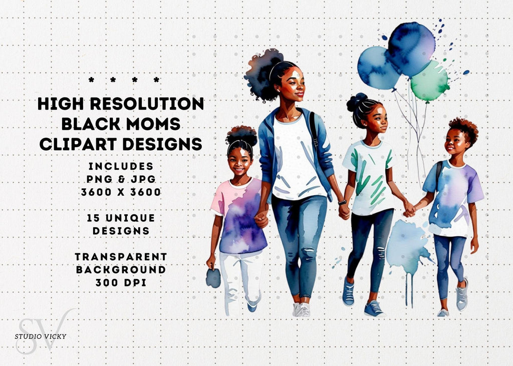 Black Mother's Day Watercolor Clipart: African American Mothers (Digital Download)