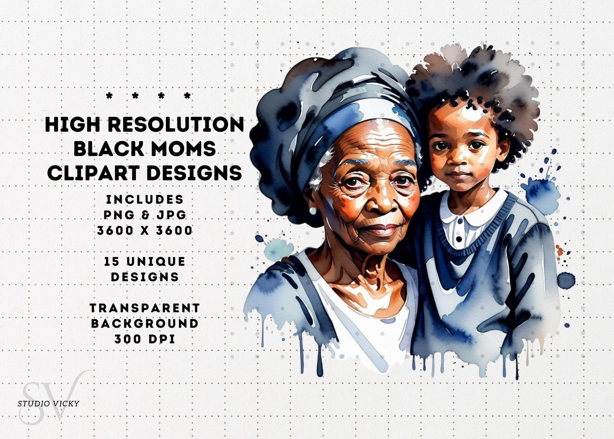 Black Mother's Day Watercolor Clipart: African American Mothers (Digital Download)