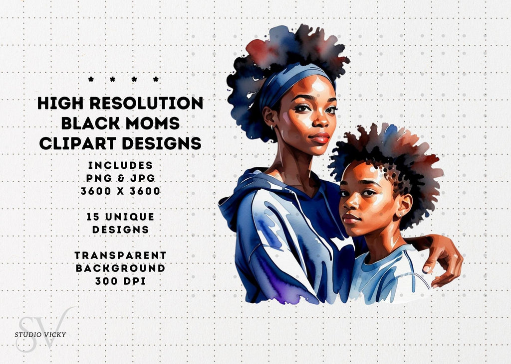 Black Mother's Day Watercolor Clipart: African American Mothers (Digital Download)