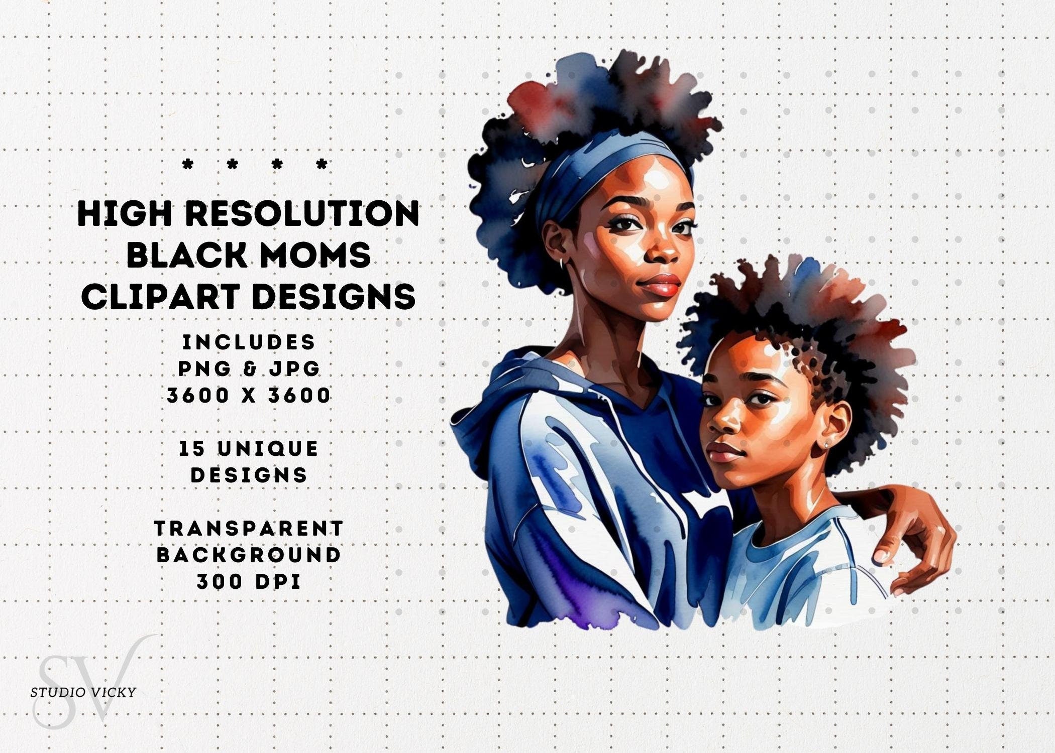 Black Mother's Day Watercolor Clipart: African American Mothers (Digital Download)