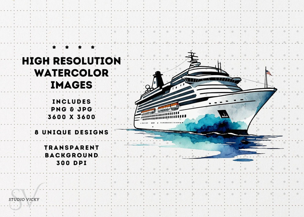 Watercolor Cruise Ship Clipart: PNG & JPG (Instant Download)