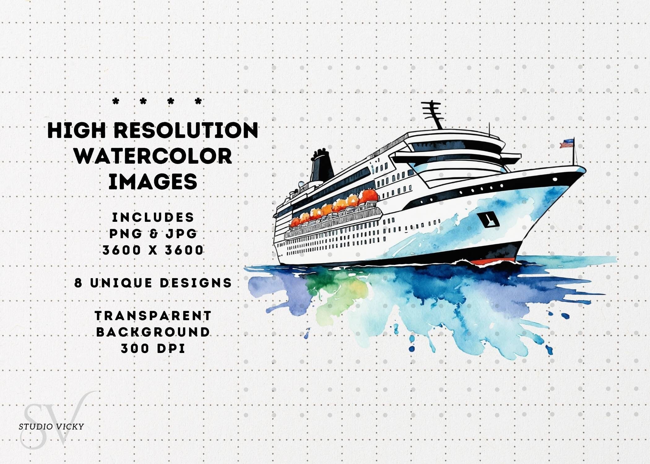 Watercolor Cruise Ship Clipart: PNG & JPG (Instant Download)