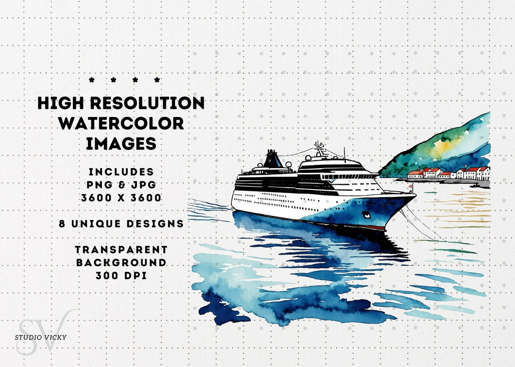 Watercolor Cruise Ship Clipart: PNG & JPG (Instant Download)