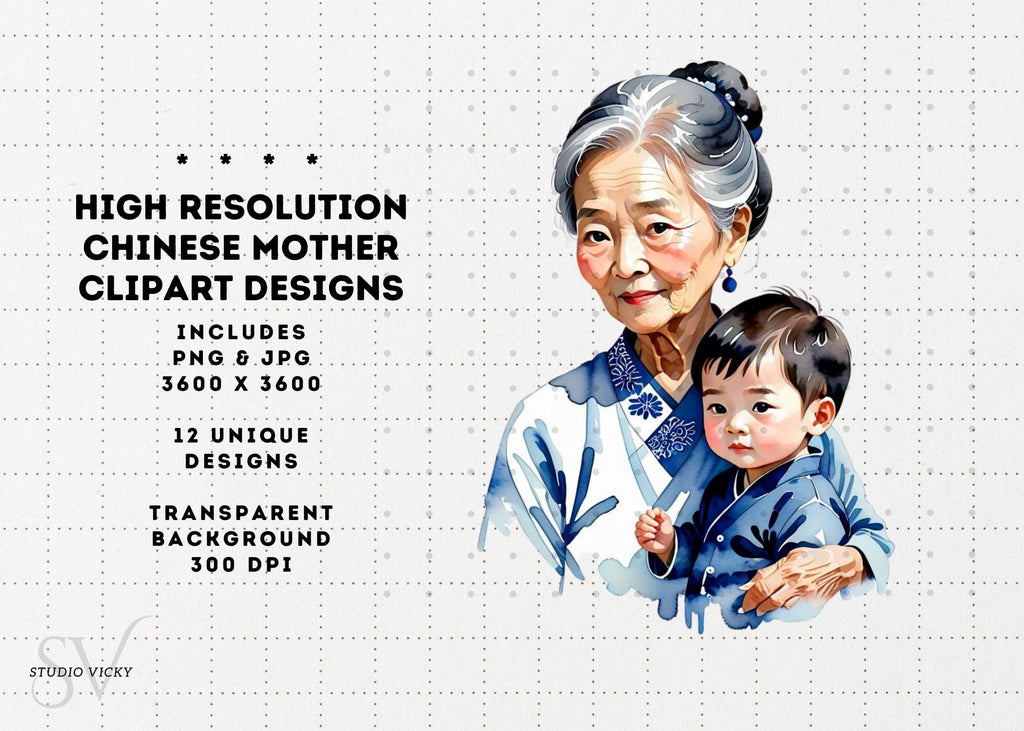 Chinese Mother's Day Watercolor Clipart: Mom and Child PNG (Digital Download)