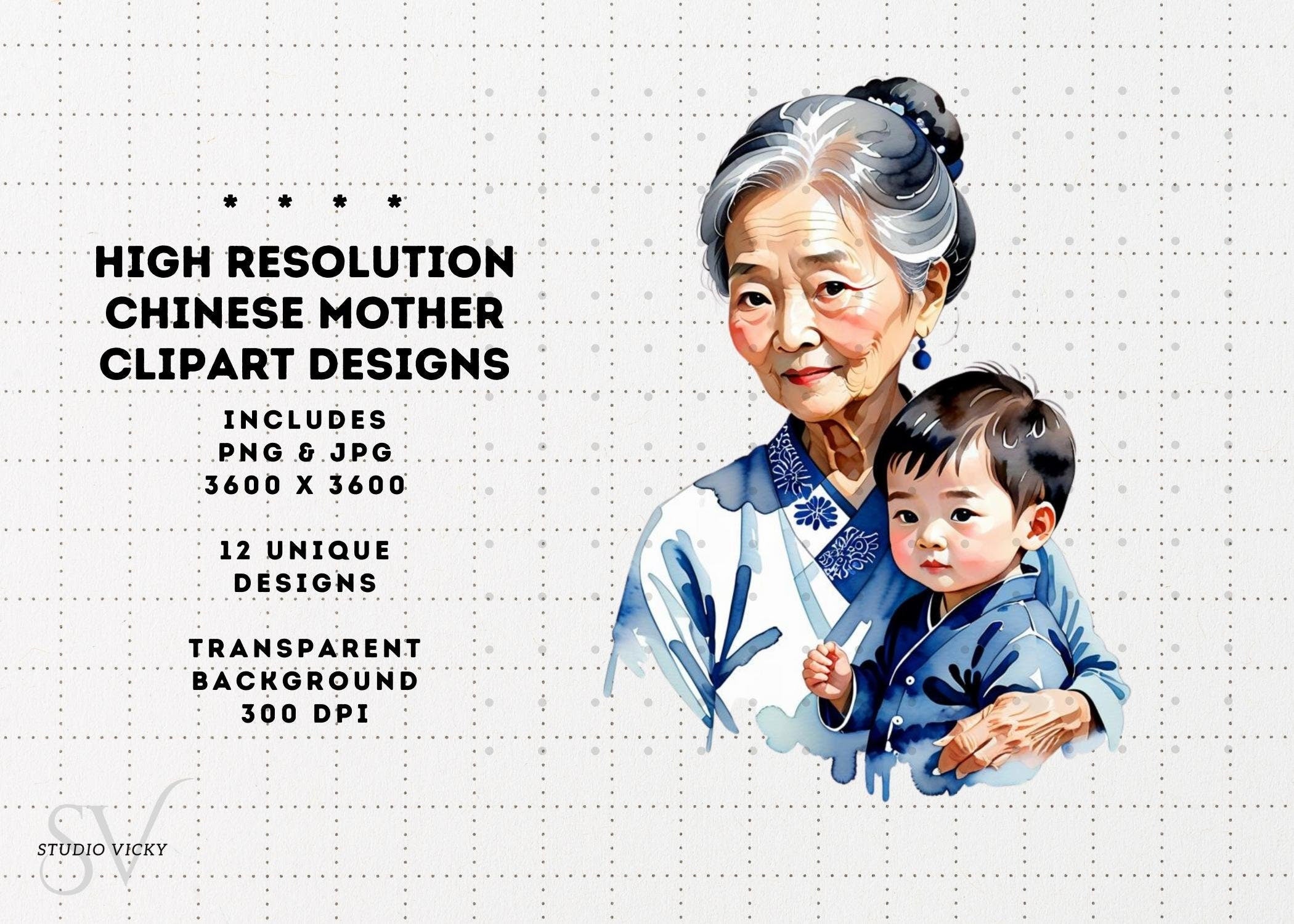 Chinese Mother's Day Watercolor Clipart: Mom and Child PNG (Digital Download)