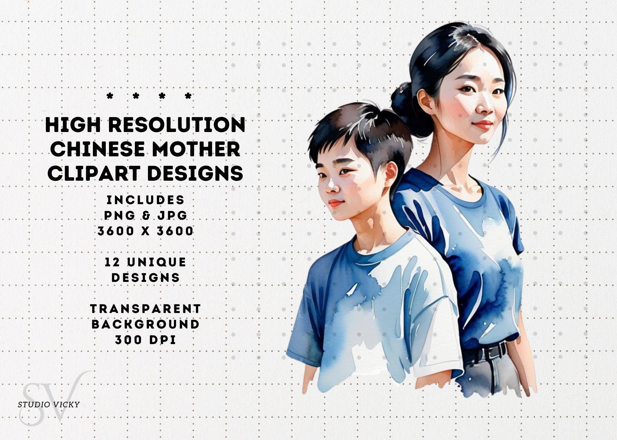 Chinese Mother's Day Watercolor Clipart: Mom and Child PNG (Digital Download)