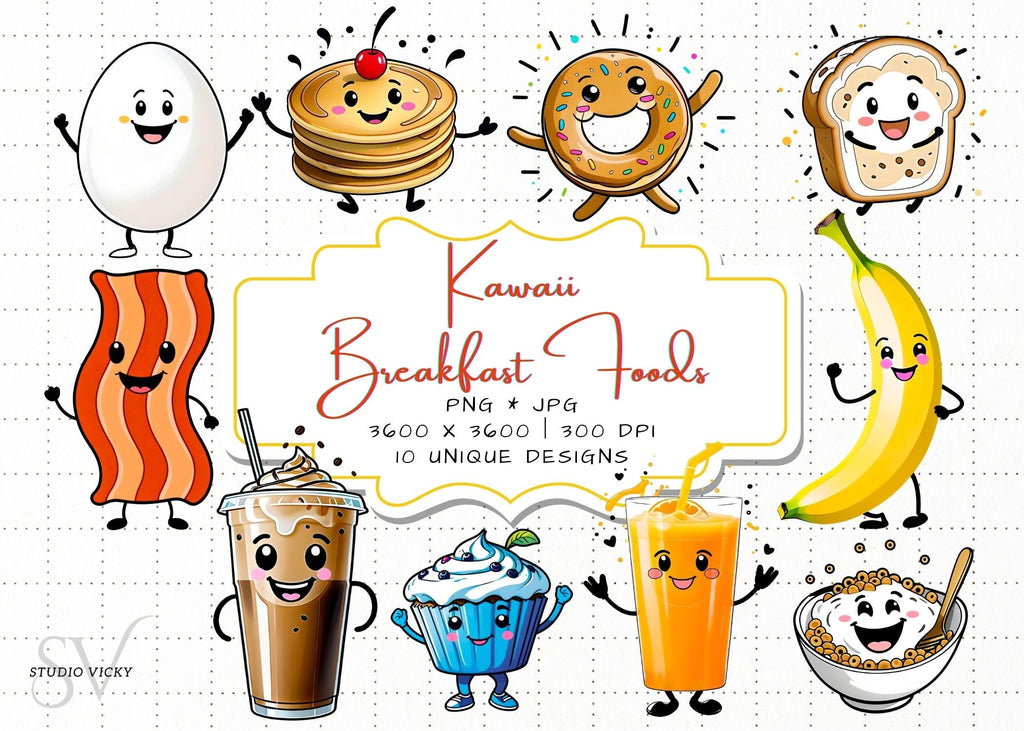 Kawaii Breakfast Food Clipart: Anime Style PNG Graphics (Digital Download)