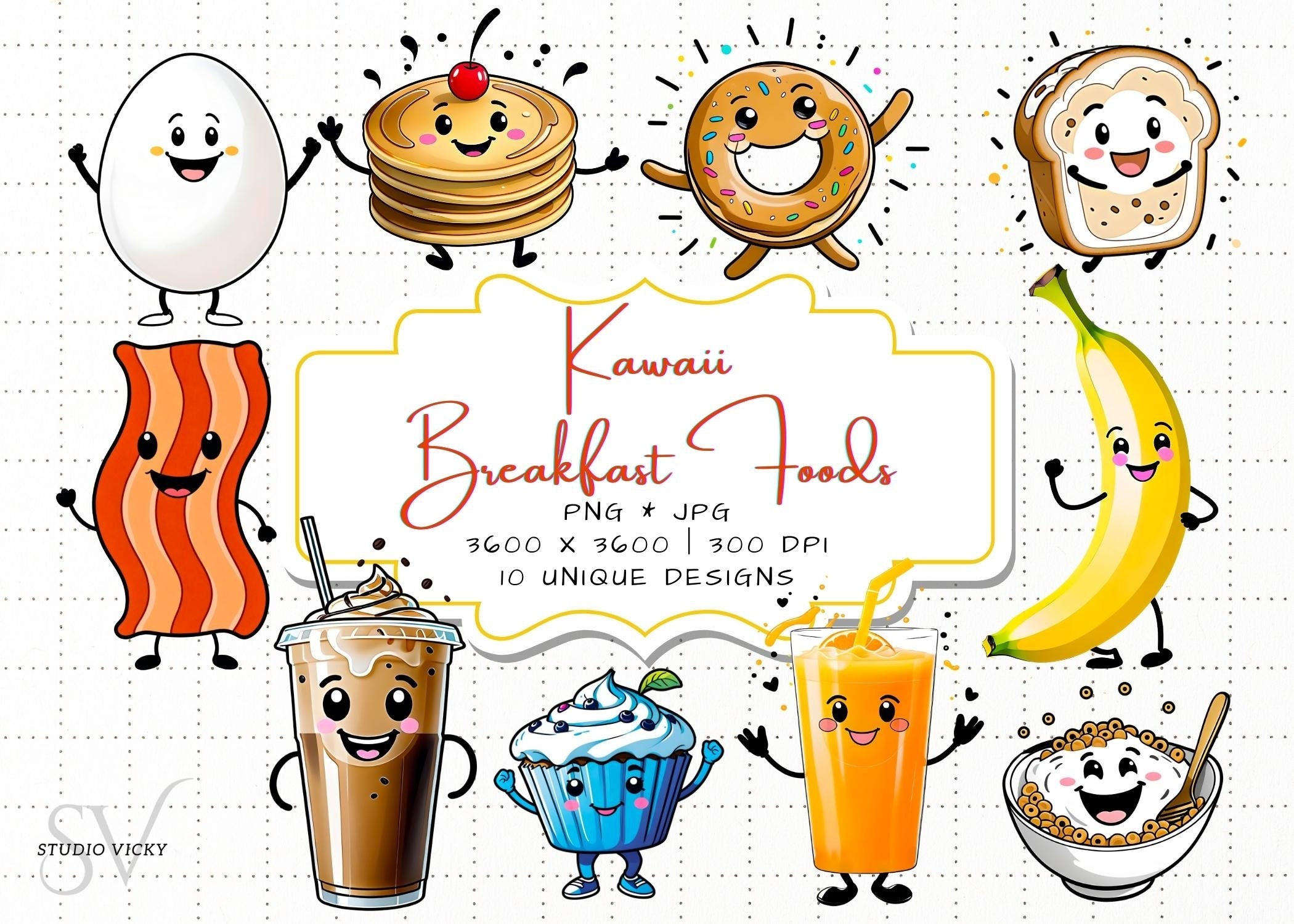 Kawaii Breakfast Food Clipart: Anime Style PNG Graphics (Digital Download)