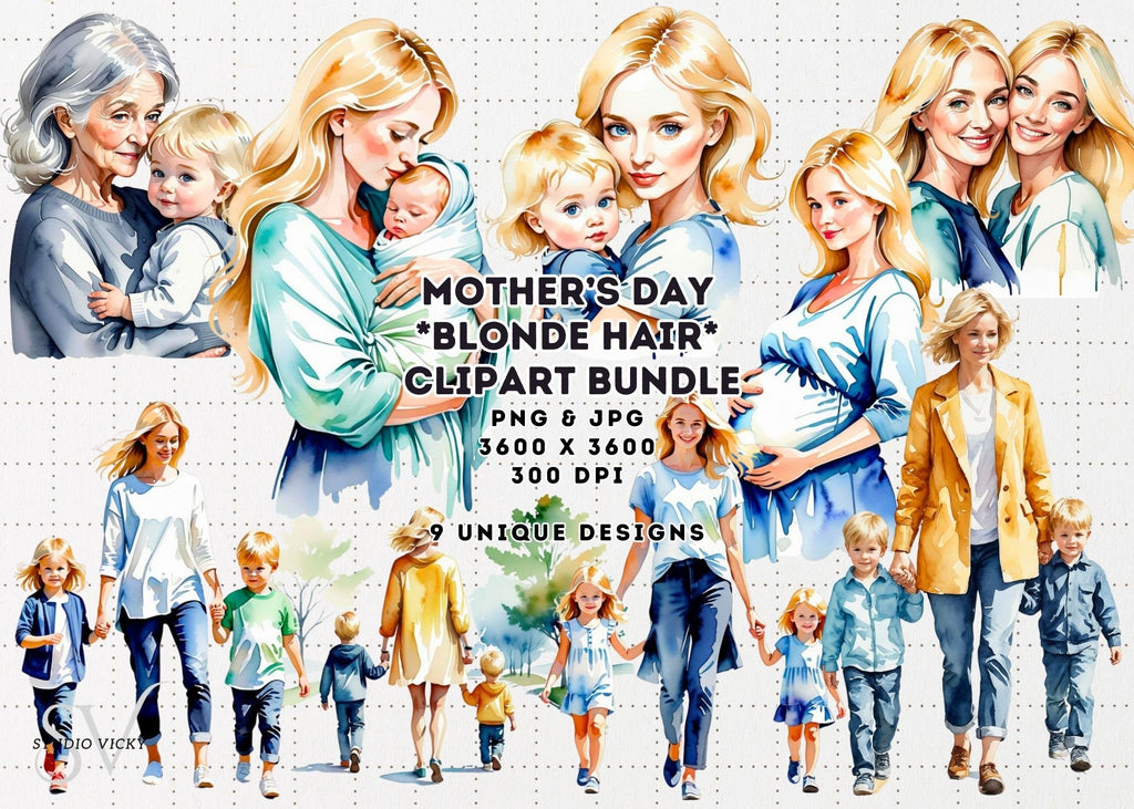 Watercolor Mother's Day Clipart: Blonde Moms (PNG & JPG)
